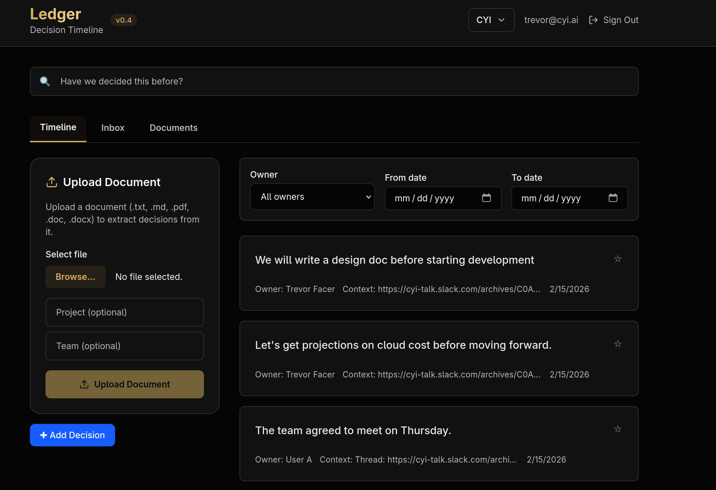 Decision timeline showing chronological list of team decisions