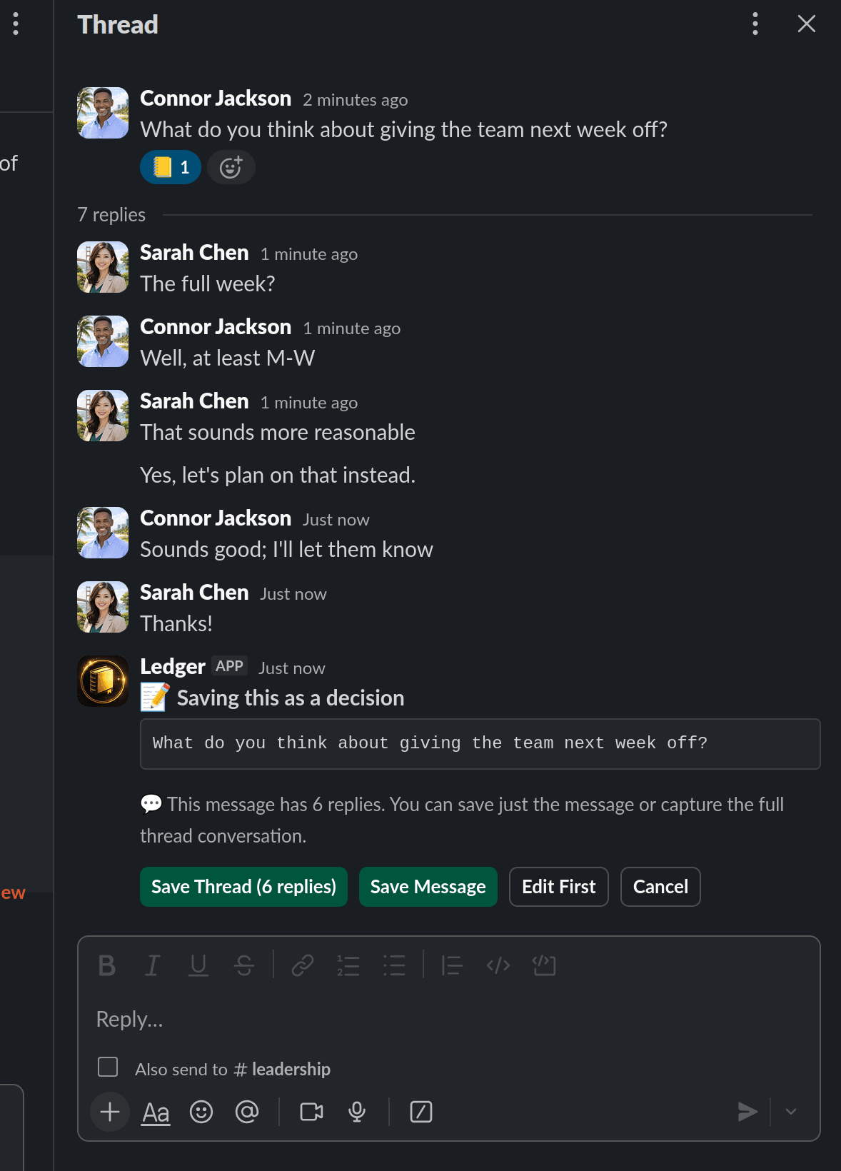 Ledger's Slack integration showing decision retrieval