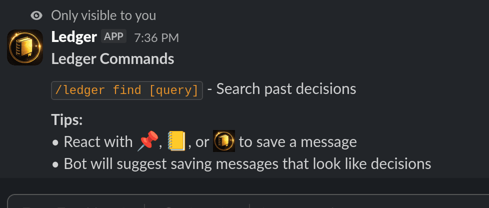 /ledger find command showing multiple decision results in Slack