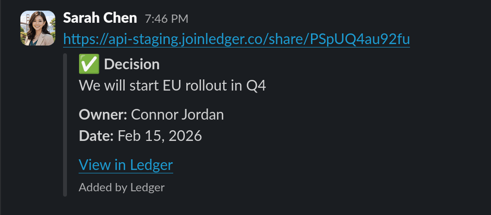 Ledger decision link unfurling in Slack with rich preview
