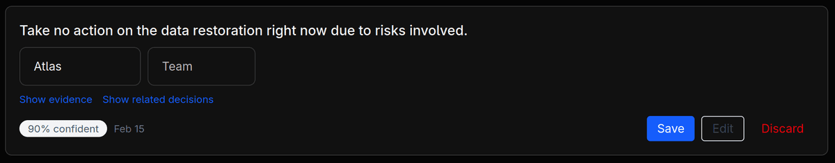 AI-proposed decisions inbox with approve and discard actions